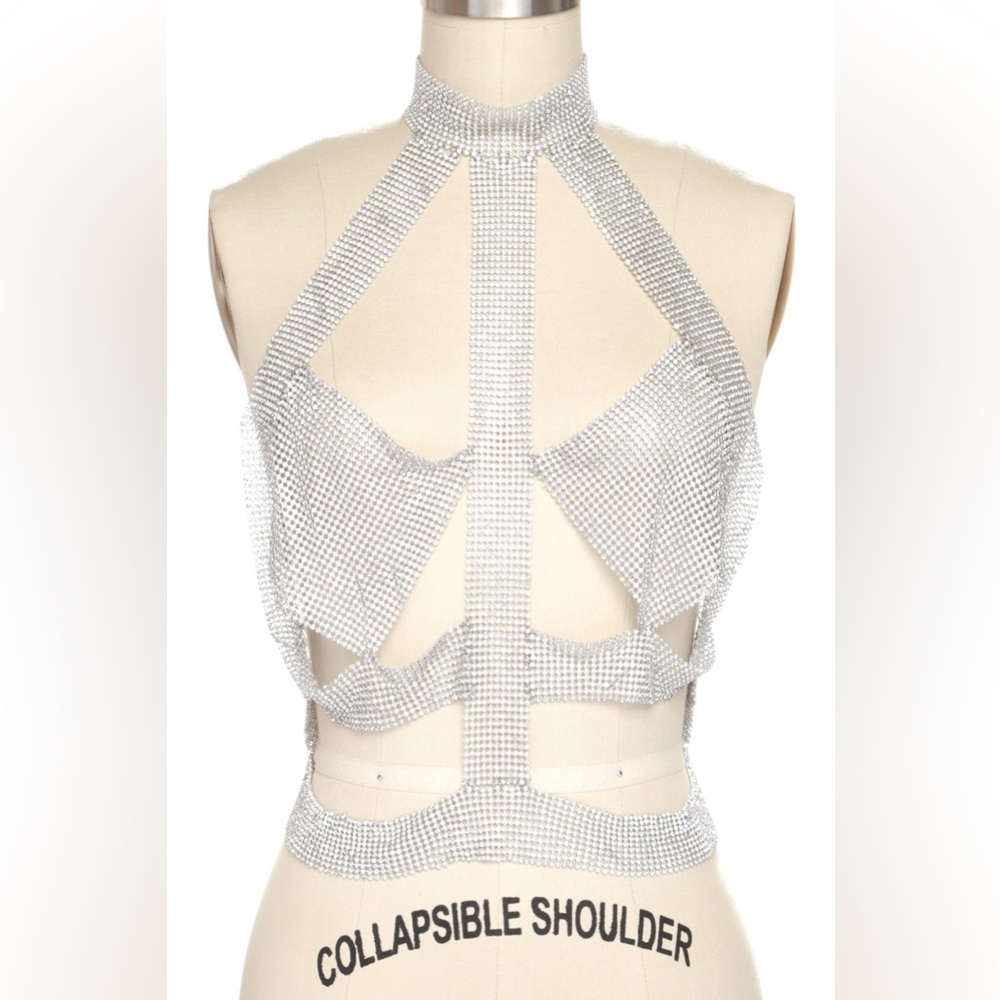 Glamorous Gold Rhinestone Mesh Statement Body Chain - Picture 3 of 5